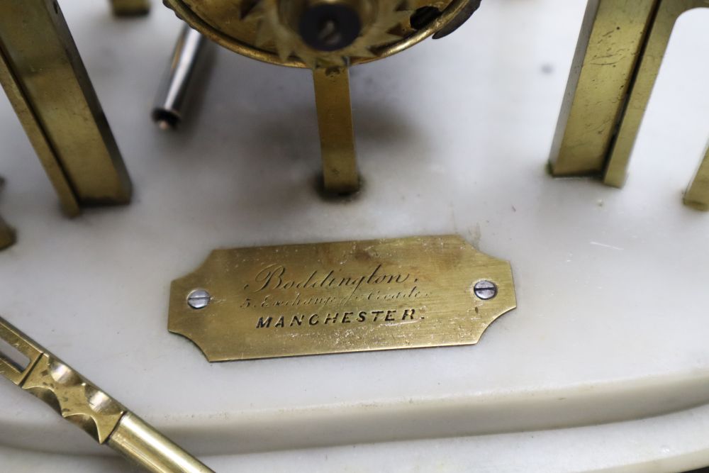 A Victorian single fusee skeleton clock, featuring four-wheel in-line train, makers label Boddington, Manchester, 40cm high